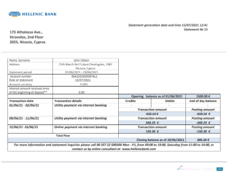 Download Cyprus Hellenic bank statement word 2 pages